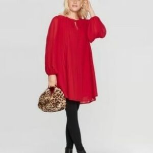 a new day Red Pleated Front Tie Pleated Long Sleeve Sheer Tunic Dress